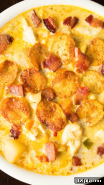 Overhead view of a hearty bowl of corn and crab chowder, generously topped with a sprinkle of homemade mini Old Bay potato chips, offering a beautiful garnish and a burst of flavor.