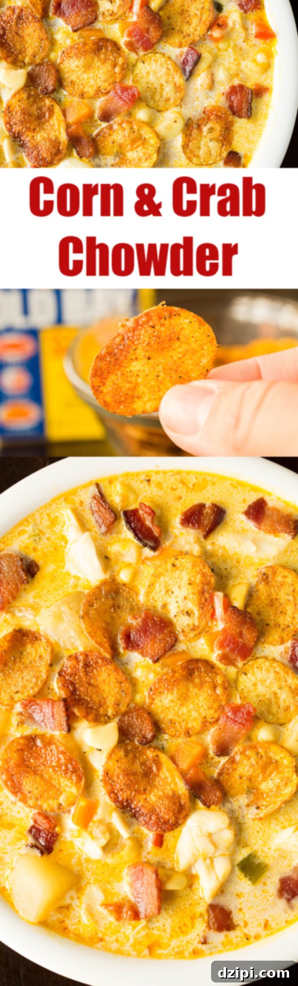 Corn & Crab Chowder topped with mini Old Bay Potato Chips