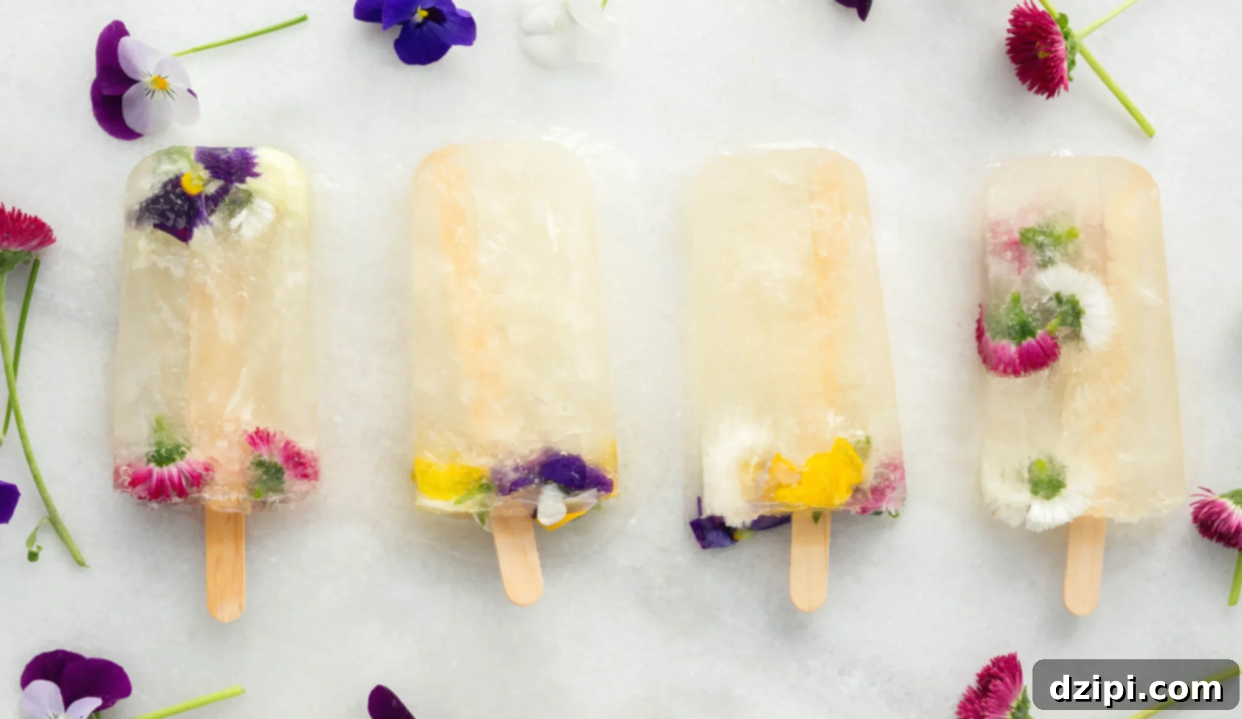 Sparkling Elderflower Champagne Pops with Floral Petals 2 Refreshing Champagne Popsicles with St. Germain and Edible Flowers on a white background, perfect for summer brunches and celebrations.