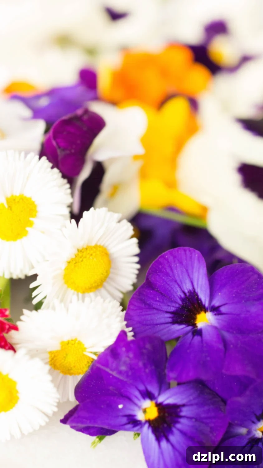 Sparkling Elderflower Champagne Pops with Floral Petals 4 A close-up view of an assortment of colorful and delicate edible flowers, including purple violas, yellow pansies, and white English daisies.