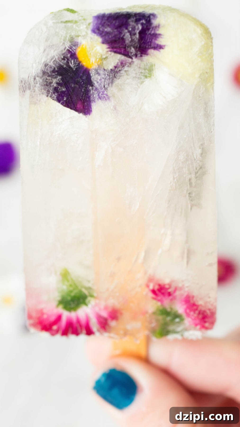 Sparkling Elderflower Champagne Pops with Floral Petals 6 A hand holds up a single clear champagne popsicle with embedded edible flowers against a blurred background, highlighting its refreshing quality.
