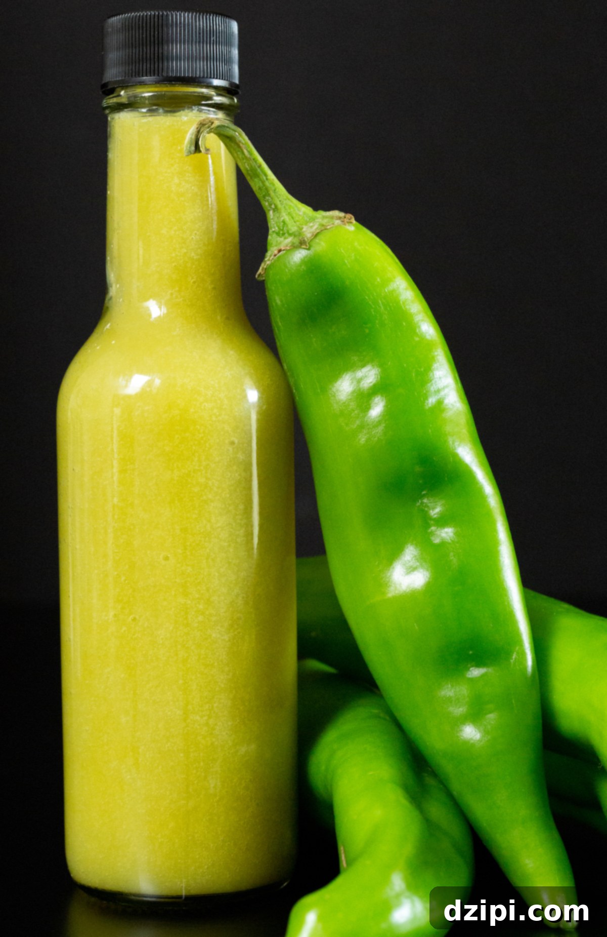 A 4 oz glass bottle is filled with a bright yellow-green hot sauce. Several fresh green Hatch chiles are next to it, hinting at the sauce's main ingredient.