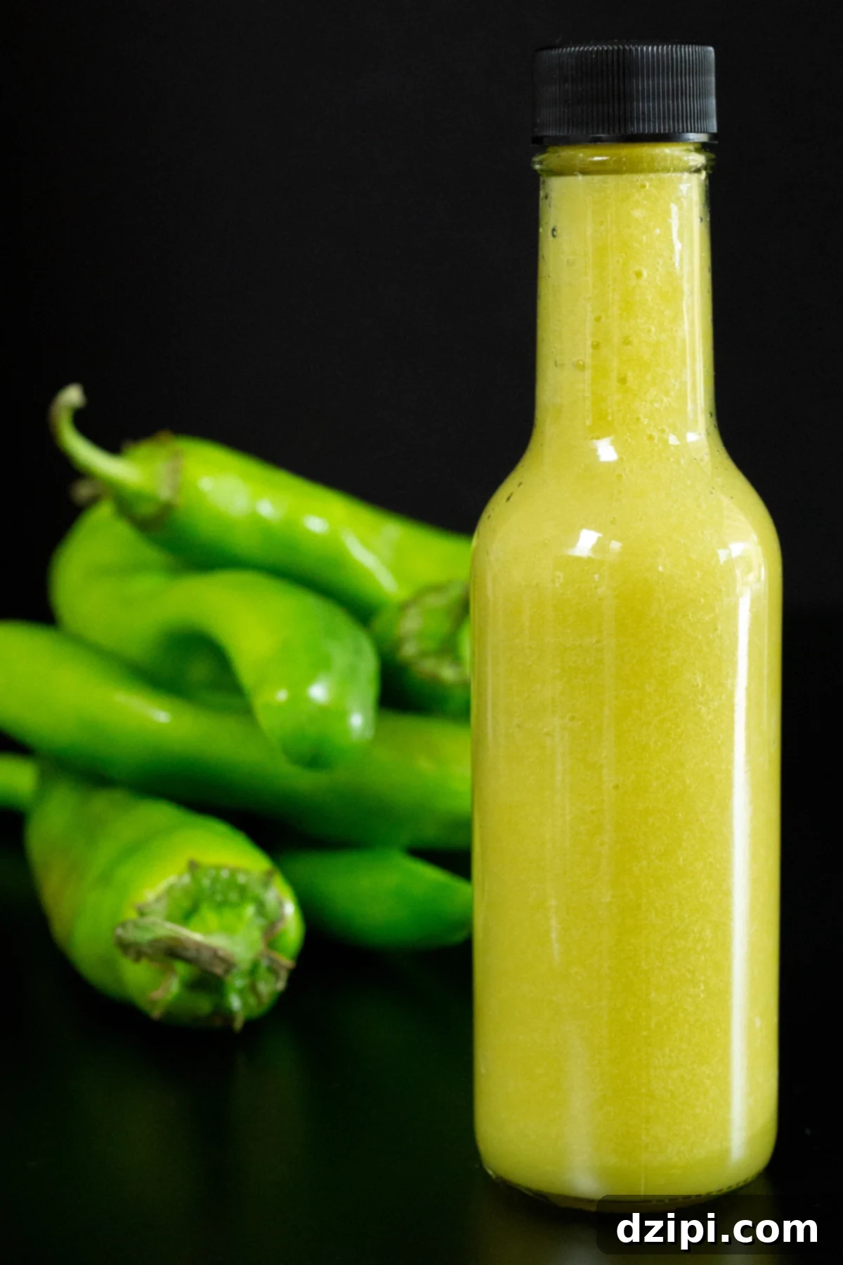 In the foreground, a small glass bottle brimming with a vibrant yellowish-green hot sauce stands in sharp focus. The background shows a soft blur of a generous pile of fresh green Hatch chiles, suggesting the sauce's origin.