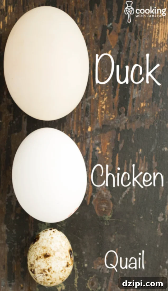 A visual comparison showcasing the larger size of duck eggs next to chicken and quail eggs.