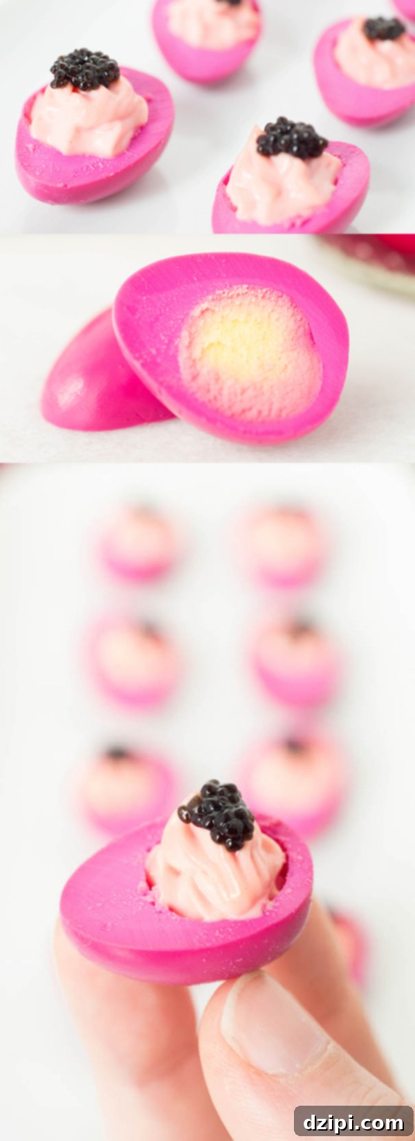 These Pickled Deviled Quail Eggs topped with Caviar make an impressive appetizer, arranged artfully on a serving dish.