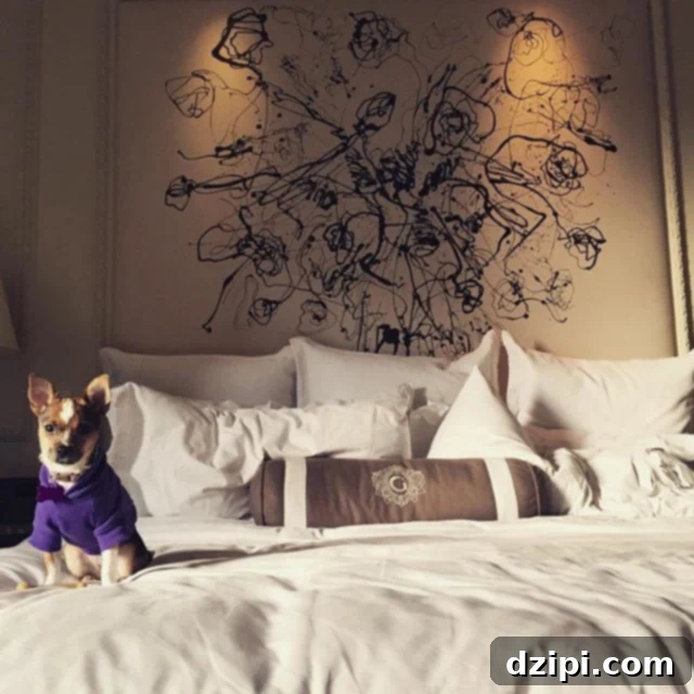 A small multi-colored chihuahua in a hoodie on a hotel bed, looking quite comfortable and pampered.