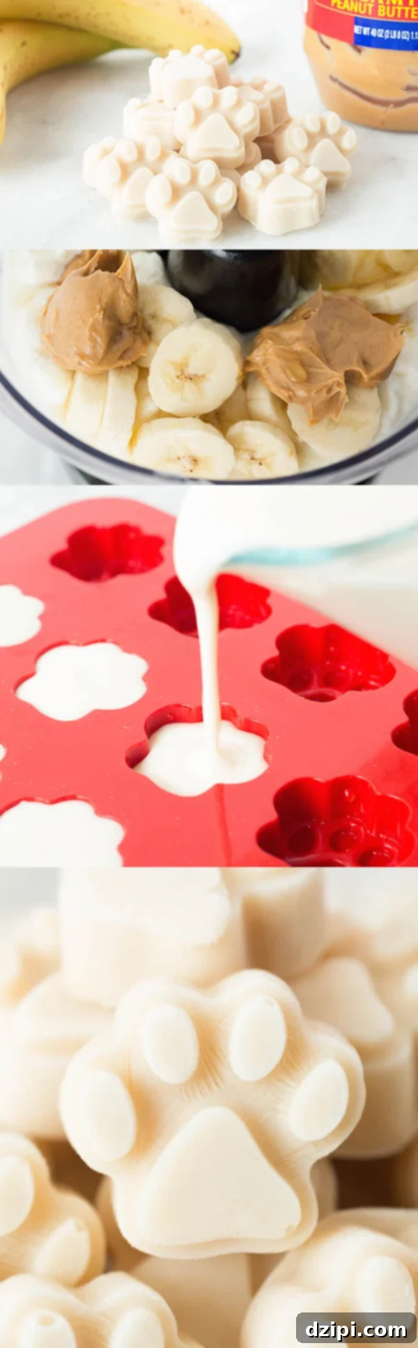 A collage of photos showing the easy steps to making peanut butter yogurt banana dog treats, from ingredients to finished product.