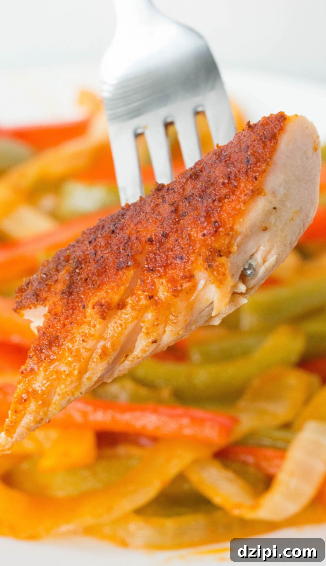 One-Pan Zesty Salmon Fajitas 6 A close-up shot of a perfectly cooked, fajita-seasoned salmon piece on a fork, with tender bell peppers and onions blurred in the background, showcasing a ready-to-eat bite.