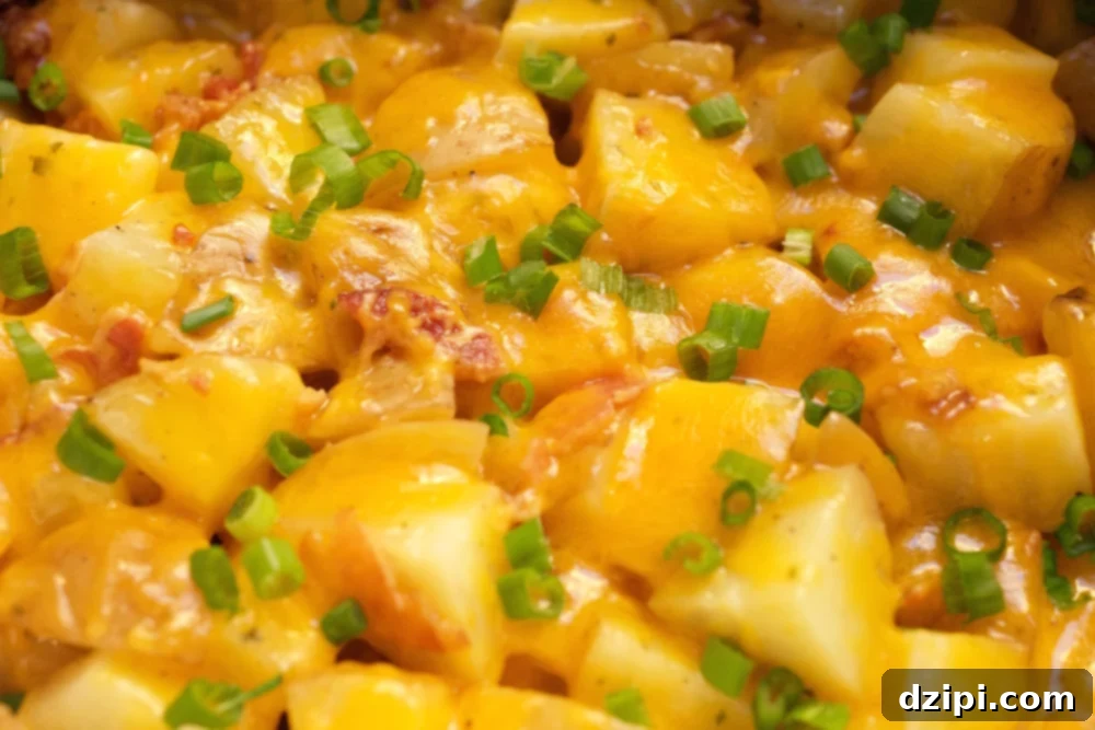 Close up of Crockpot Cheese and Bacon Ranch Potatoes topped with sliced green onions.