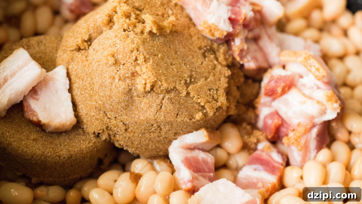 A pot filled with ingredients for homemade baked beans, including white beans, chopped bacon, and glistening brown sugar.