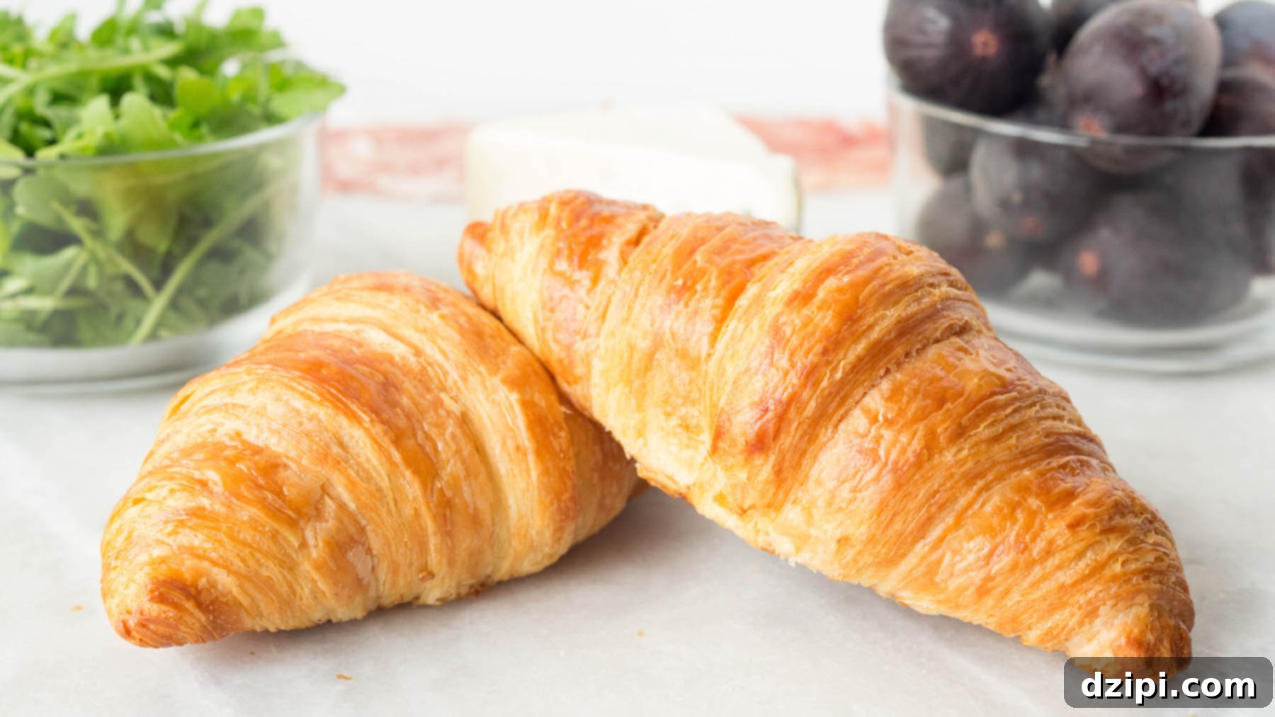 All the ingredients to make a fig croissant sandwich - fresh croissants, arugula, prosciutto, blue cheese, and fresh figs.
