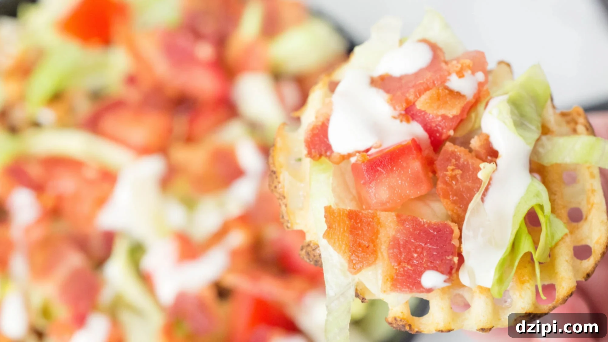 Loaded BLT Waffle Fries 2 A hand holds up a waffle fry that's been covered in sliced lettuce, chopped tomatoes, chopped bacon, then drizzled in ranch. More BLT fries are out of focus in the background.