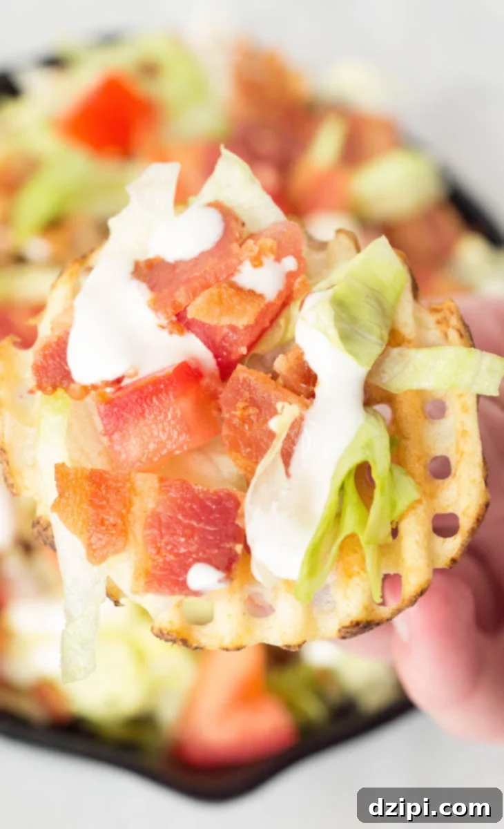 Loaded BLT Waffle Fries 7 Close up of a hand holding up a BLT waffle fry (a waffle fry covered in melted mozzarella, chopped tomato, chopped bacon, sliced lettuce, and ranch dressing.