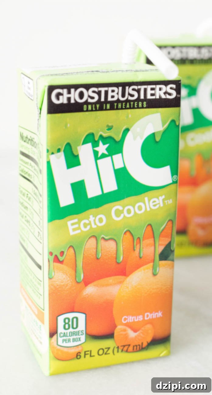 A close-up shot of a classic Hi-C Ecto Cooler juice box, bringing back waves of 90s nostalgia.