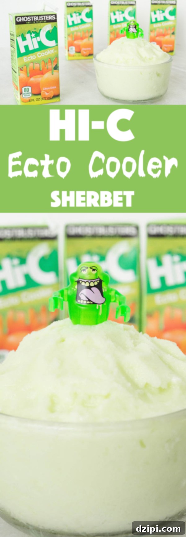 A vibrant green bowl of Ecto Cooler sherbet, a perfect treat for Ghostbusters fans and a delightful nod to 90s nostalgia. Easy to make at home.