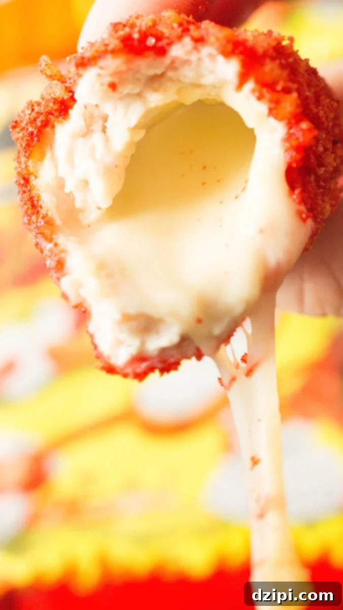 A Flamin' Hot Cheetos coated mozzarella stick with a bite taken out, revealing perfectly melted cheese oozing from the bottom, emphasizing its delicious, hot, and ready-to-eat appeal.