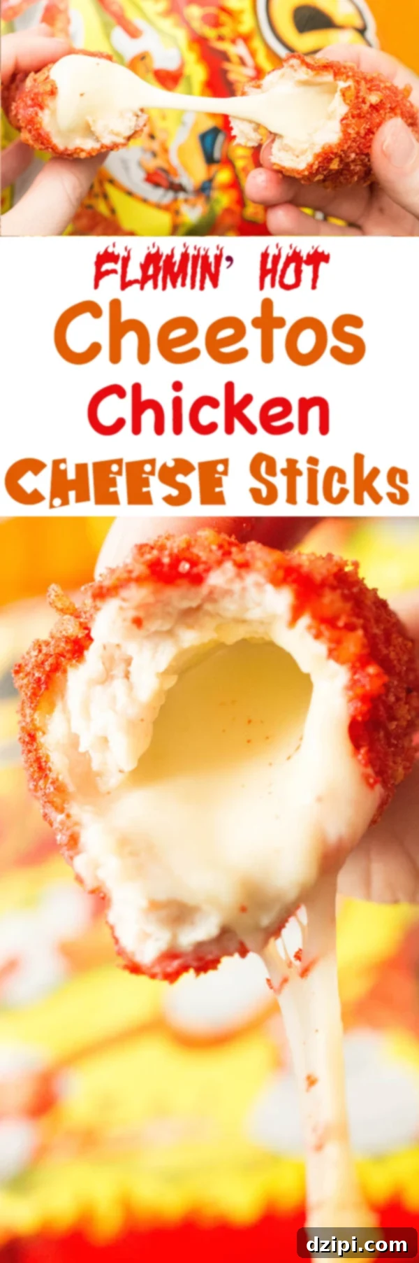 Mozzarella cheese sticks wrapped in ground chicken, breaded in Flamin' Hot Cheetos, then deep fried.