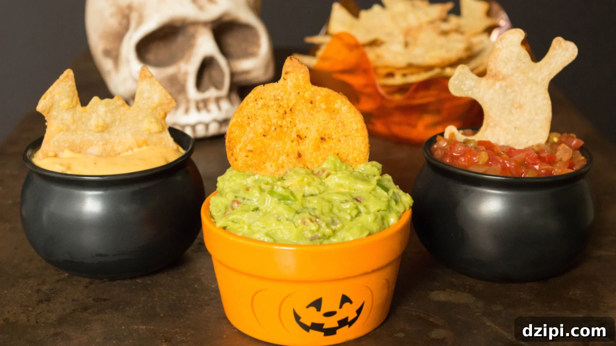 Spooktacular Tortilla Chip Trio 10 An elaborate and inviting arrangement of all three Halloween tortilla chips—ghosts, pumpkins, and bats—elegantly displayed with a variety of complementing dips, set in front of a decorative skull, showcasing a complete and festive snack spread ideal for Halloween gatherings.