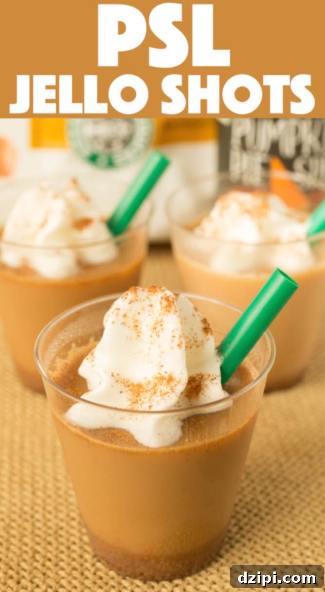 Pumpkin Spice Latte Jello Shot Bliss 3 A close-up of a single Pumpkin Spice Latte Jello Shot, garnished with whipped cream and a green plastic straw, with more shots blurred in the background. Text overlay reads "PSL Jello Shots".