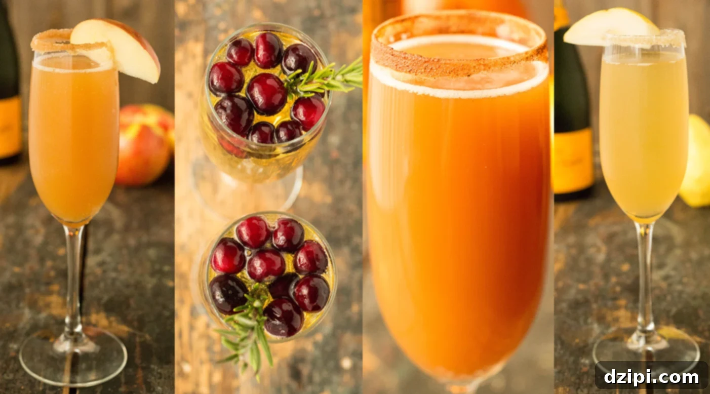 Collage of four fall mimosas - apple cider, white grape cranberry, pumpkin beermosa, pear.