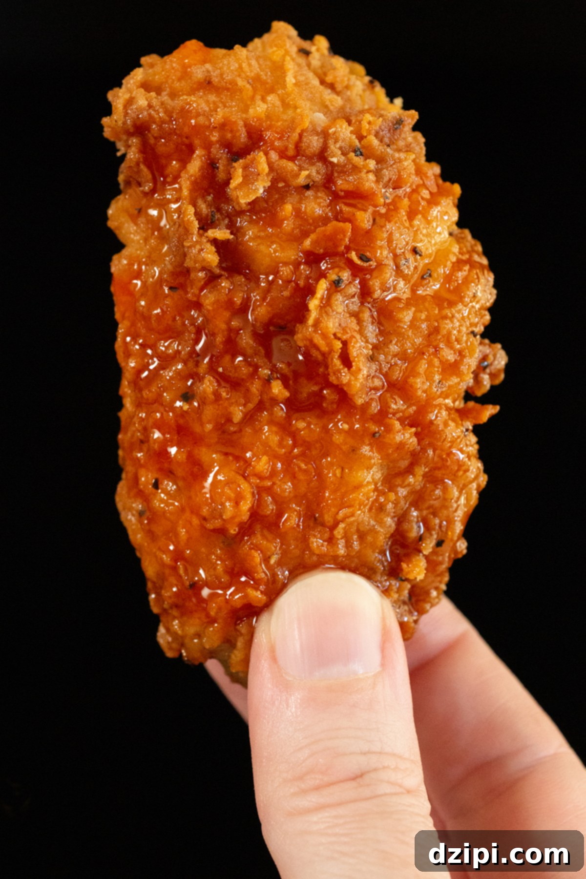 A hand holds up a single golden-brown breaded chicken wing, generously coated in a glistening mixture of hot sauce and honey, showcasing its crispy texture.