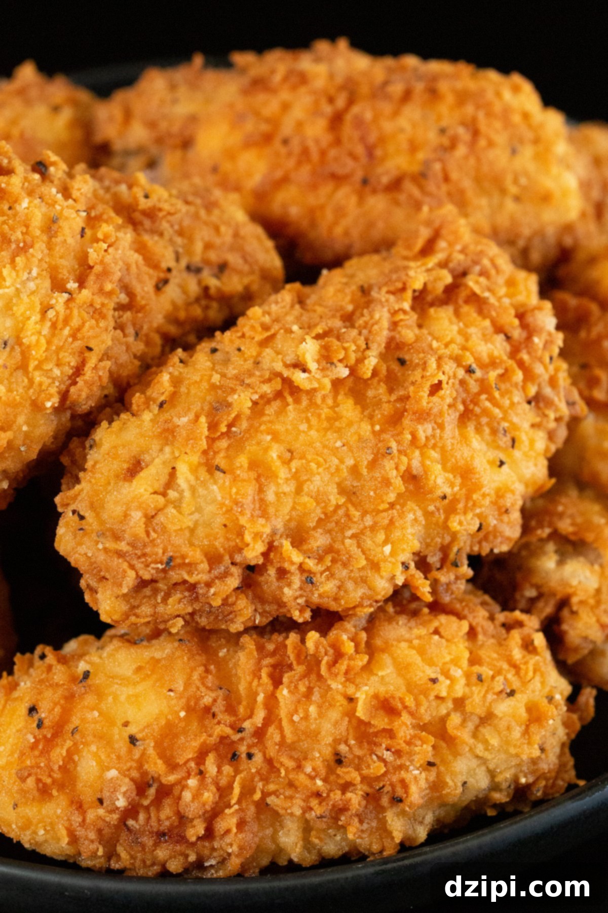 A close-up view of deep-fried chicken wings, showing a perfectly crispy coating with visible flecks of black pepper, tempting and delicious.