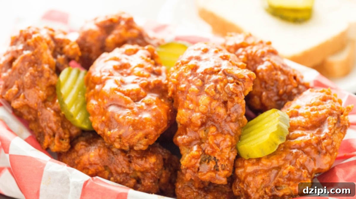 Crispy Nashville Hot Chicken Wings in a basket, garnished with vibrant dill pickle slices, ready to be served.