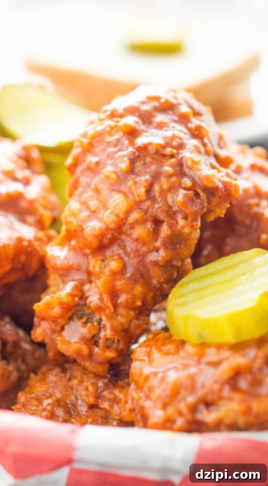 Close-up of a perfectly fried Nashville Hot Chicken Drumstick alongside a refreshing pickle slice, highlighting the glossy, spicy coating.