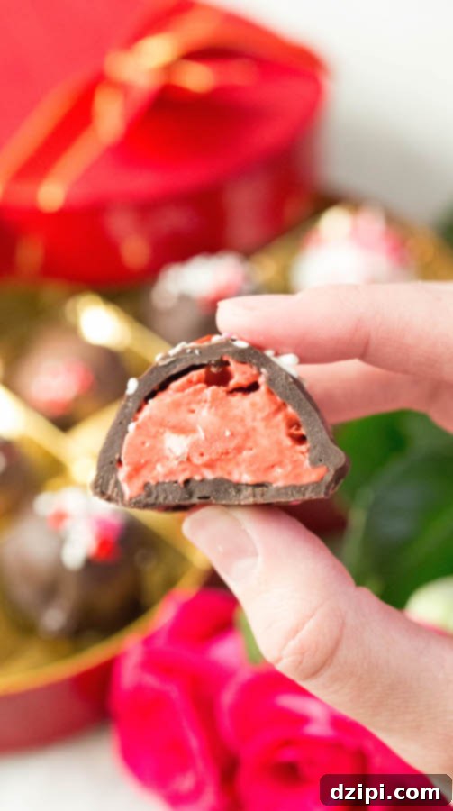Close-up of an Ice Cream Gelato Truffle sliced in half, revealing the vibrant red velvet gelato filling and smooth chocolate coating.