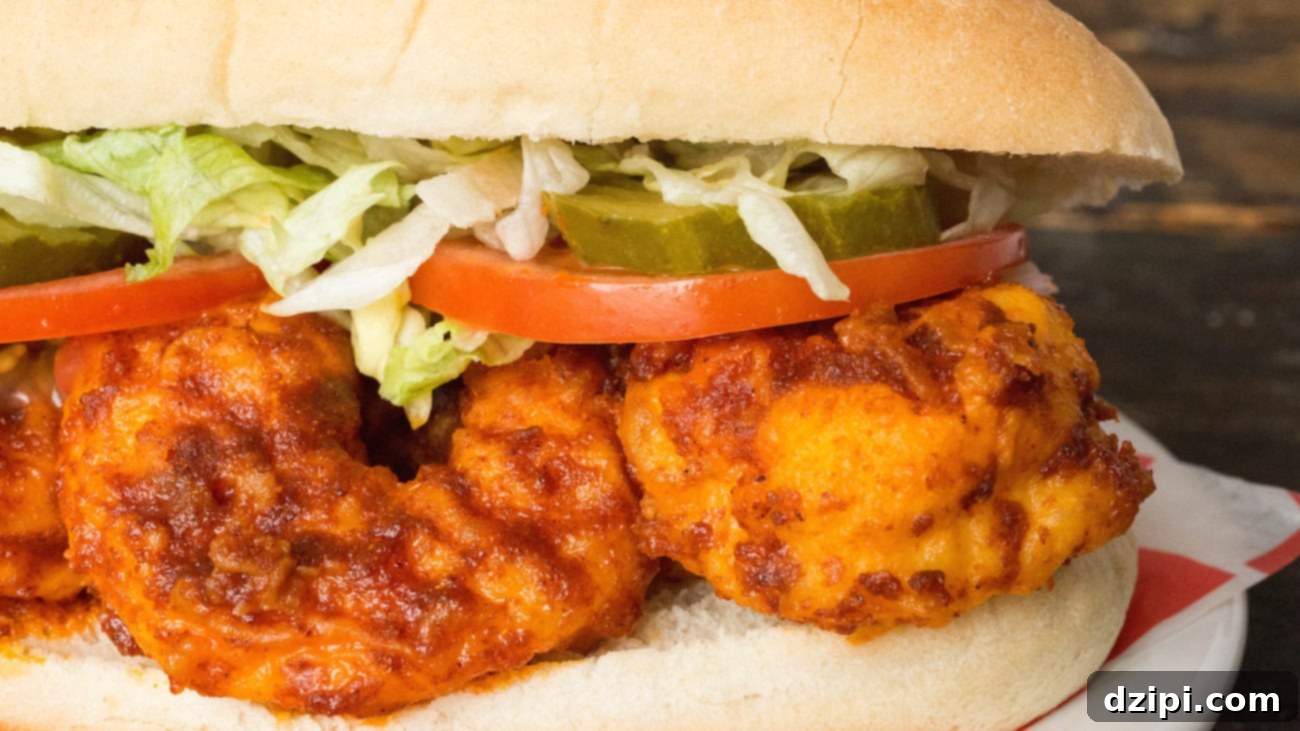 Close up of a Nashville Hot Shrimp Po' Boy, showcasing its golden-fried shrimp, crisp lettuce, and vibrant pickles on a toasted roll.