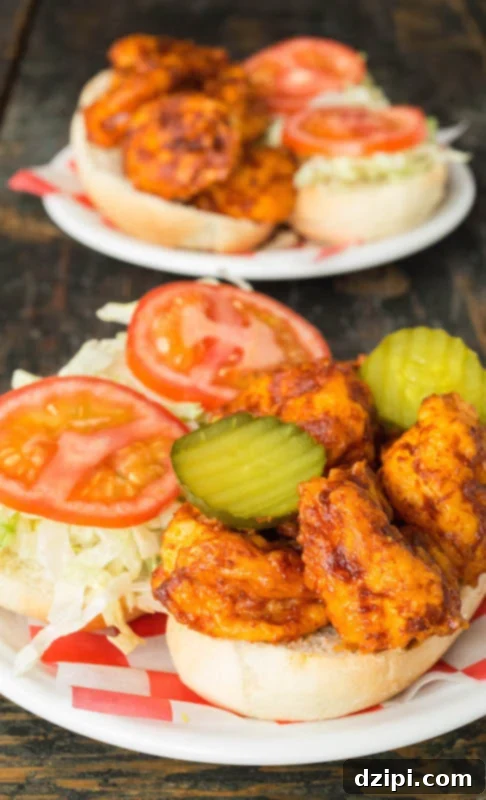 An appetizing view of an open-faced Nashville Hot Shrimp Po Boy, revealing layers of perfectly fried shrimp, tangy pickles, fresh sliced tomato, and shredded lettuce.