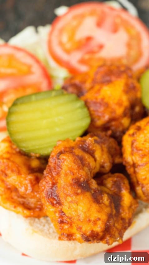 A close-up shot capturing the golden, spicy Nashville Hot Shrimp nestled within a fresh Po' Boy sandwich, highlighting the vibrant glaze and tender seafood.