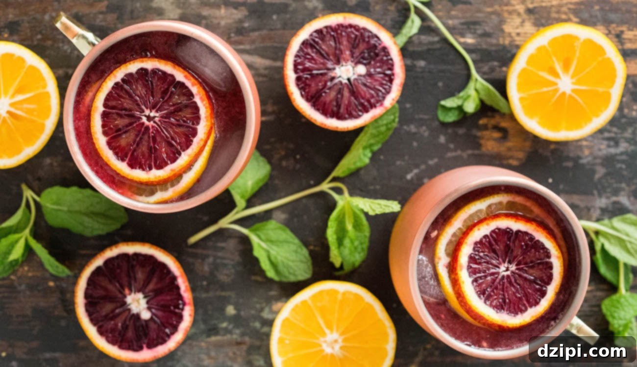 Overhead view of two copper mugs filled with vibrant blood orange and Meyer lemon Moscow Mules, garnished with fresh mint sprigs and sliced citrus.