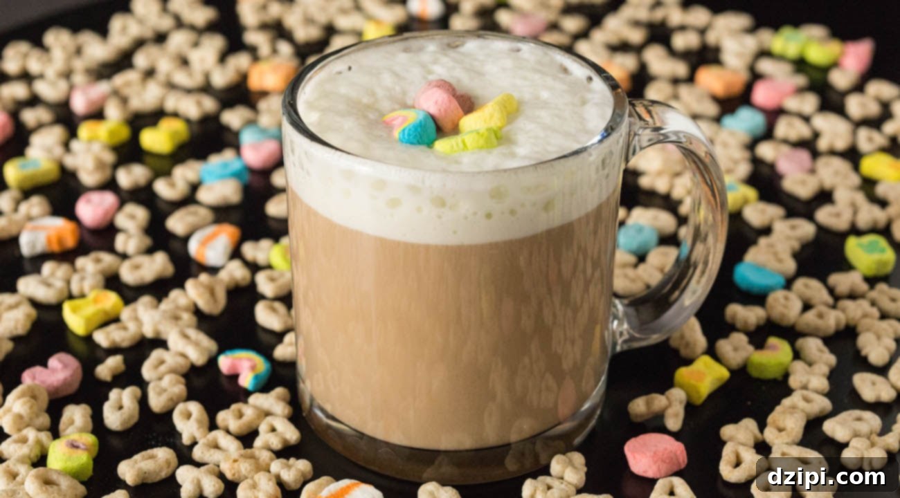 A Lucky Charms Cereal Milk Latte in a clear glass mug, perfectly frothed and garnished with colorful marshmallows, surrounded by the iconic cereal.