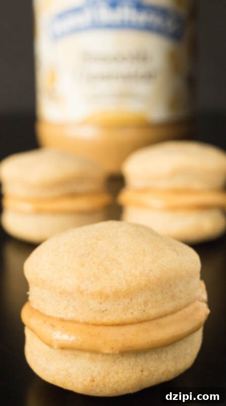 Gourmet Peanut Butter Macarons for Pups 3 A close-up shot of a perfectly crafted, peanut butter-filled macaroon dog treat, with a soft blur of more treats and a jar of xylitol-free peanut butter in the background.