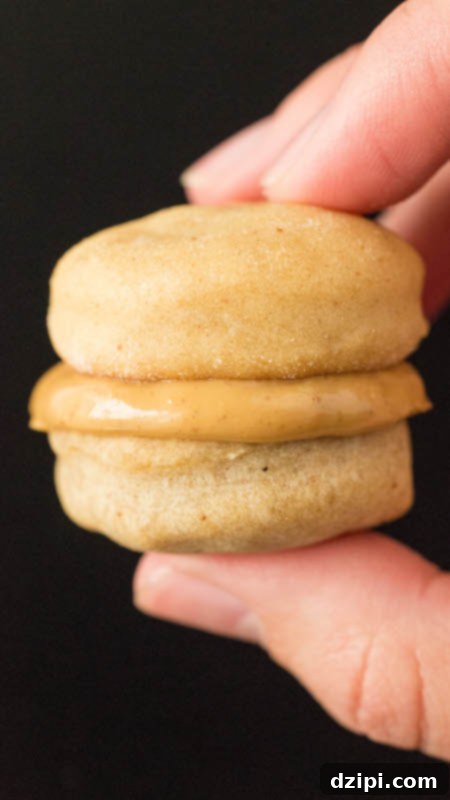 Gourmet Peanut Butter Macarons for Pups 4 A loving hand gently holds up a perfectly made Peanut Butter Dog Treat Macaron, showcasing its inviting texture and delicious filling, ready to be enjoyed by a happy pup.