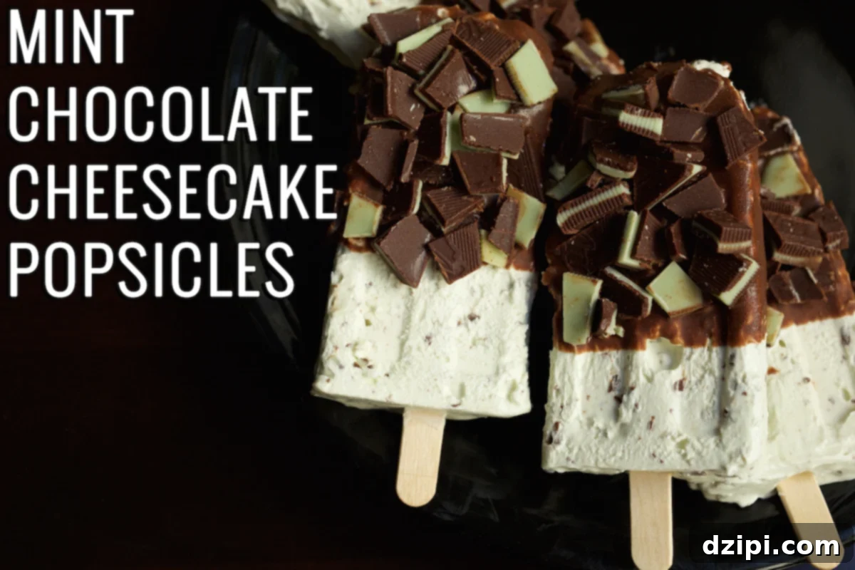 Cool Mint Chocolate Cheesecake Popsicles 2 Three vibrant green mint chocolate cheesecake popsicles, half-dipped in chocolate and covered in chopped Andes mints, resting on a sleek black background. A text overlay reads "Mint Chocolate Cheesecake Popsicles".