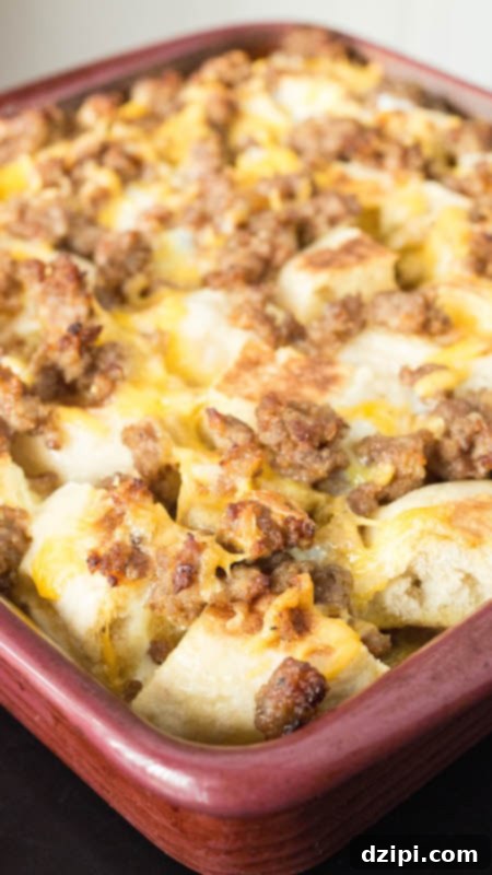 Sausage McMuffin Casserole in a baking dish after being cooked. 