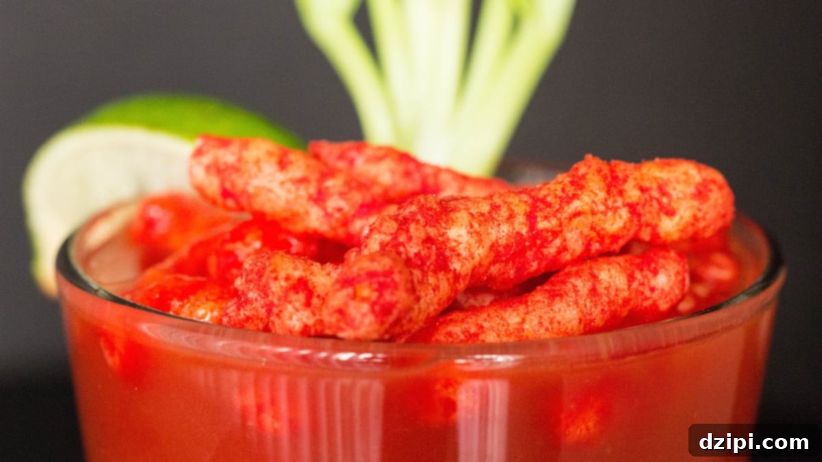 Close-up of a vibrant Flamin' Hot Cheetos Bloody Mary, garnished with Cheetos dust, lime, and a celery stalk, on a dark background.