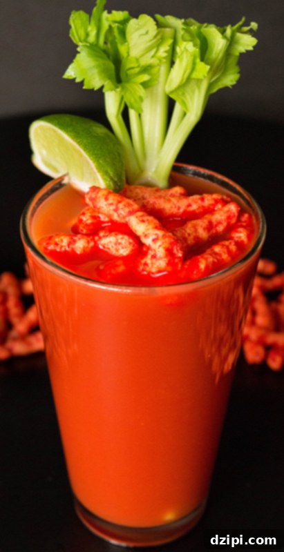 A tall glass of Flamin' Hot Cheetos Bloody Mary, garnished with a handful of Cheetos, a fresh lime slice, and a crisp celery stalk, against a deep black backdrop.