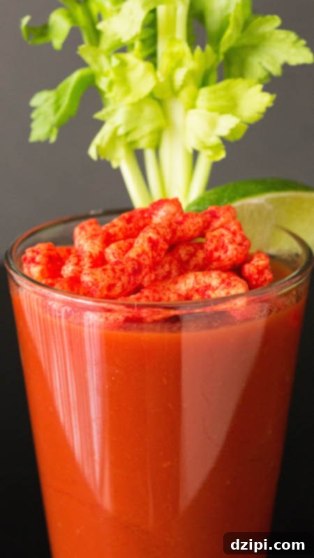 A vibrant Flamin' Hot Cheetos Bloody Mary, richly red, adorned with a generous topping of crushed Cheetos, a fresh celery stick, and a lime wedge, ready to be enjoyed.