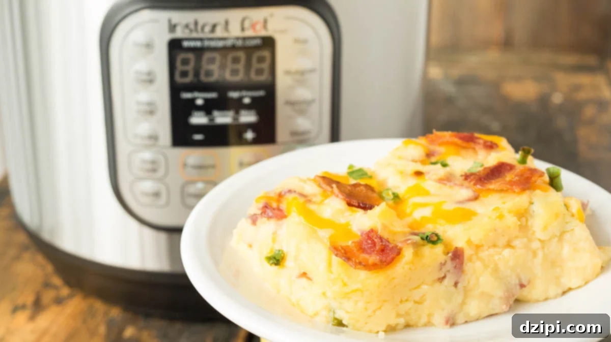 Instant Pot Loaded Potato Bake 2 A square slice of Instant Pot Twice Baked Potato Casserole sitting in front of the Instant Pot, highlighting its golden-brown topping and creamy interior.