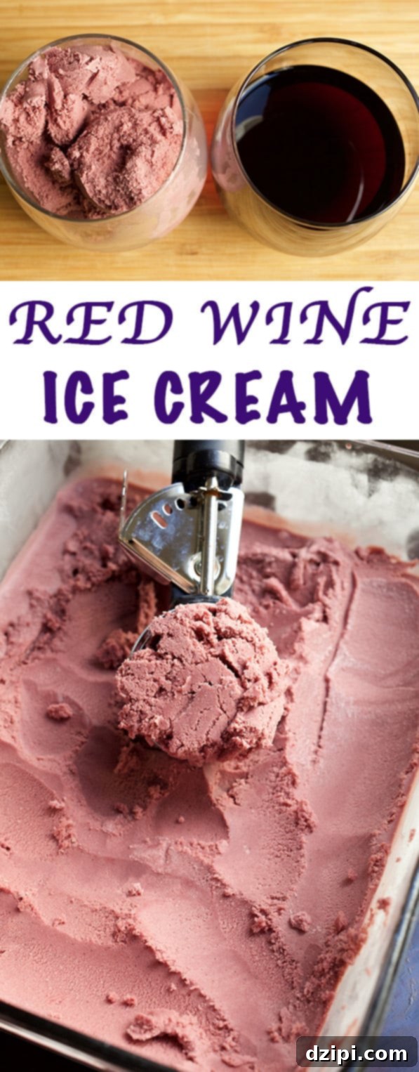 A decadent Red Wine Ice Cream Sundae, adorned with vanilla bean whipped cream, spiced red wine syrup, and lavender almonds.