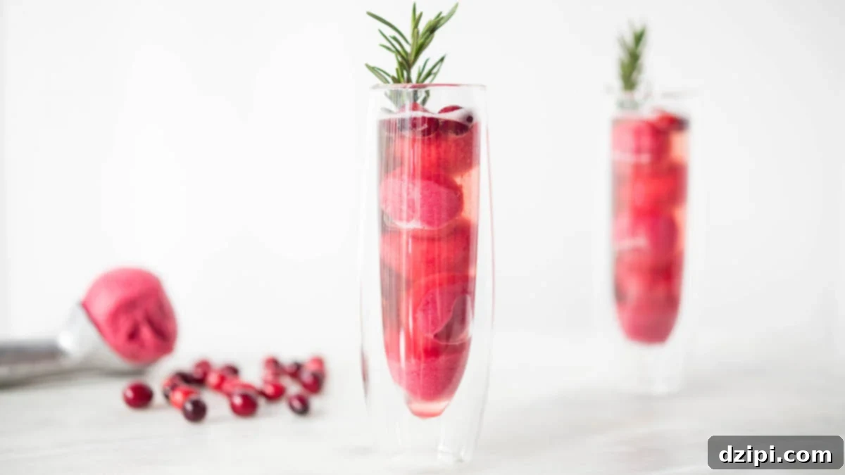 Sparkling Cranberry Sorbet Rosé Mimosa for the Holidays 2 Two clear champagne flutes filled with Cranberry Sorbet Rosé Mimosas. A scoop of the sorbet is out of focus along with some fresh cranberries in the background.