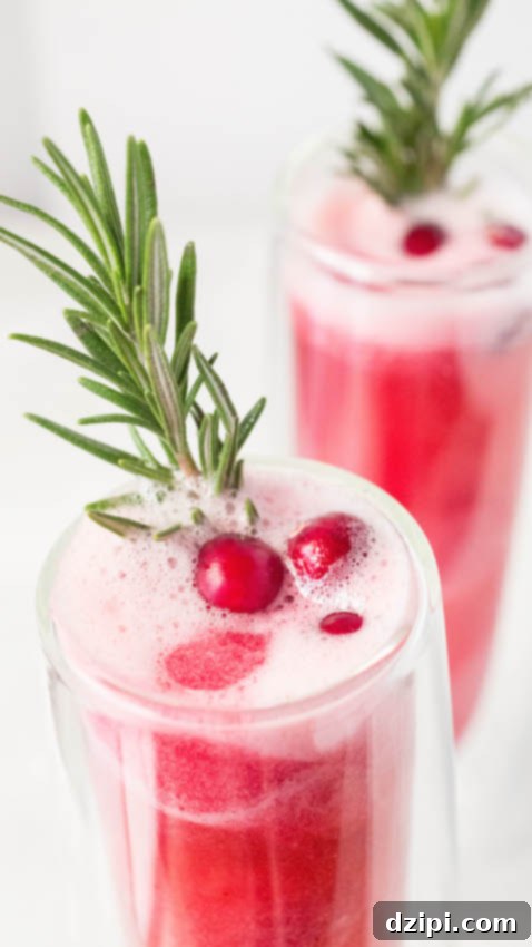 Sparkling Cranberry Sorbet Rosé Mimosa for the Holidays 3 Close up of Christmas Rosé Mimosas with Cranberry Sorbet garnished with rosemary and fresh cranberries.
