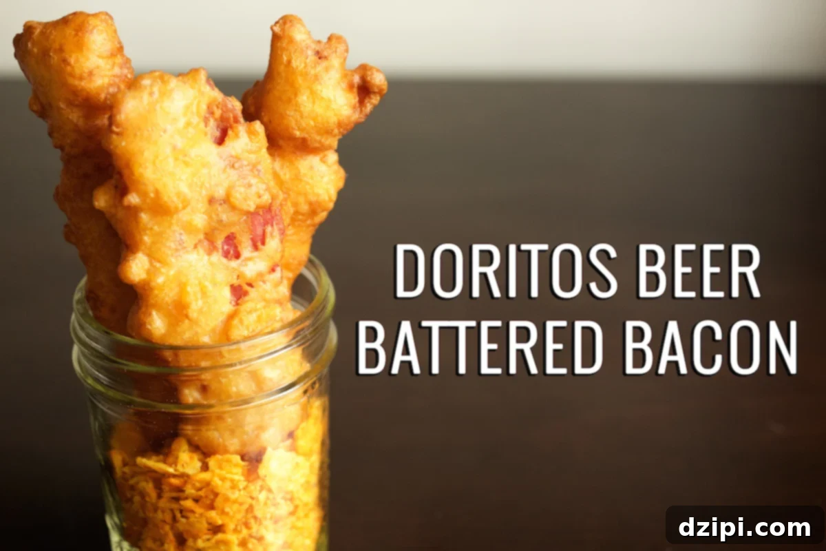 A jar of battered and deep fried bacon with crushed Doritos in the bottom. Text next to it reads 'Nacho Doritos Beer Battered Bacon'