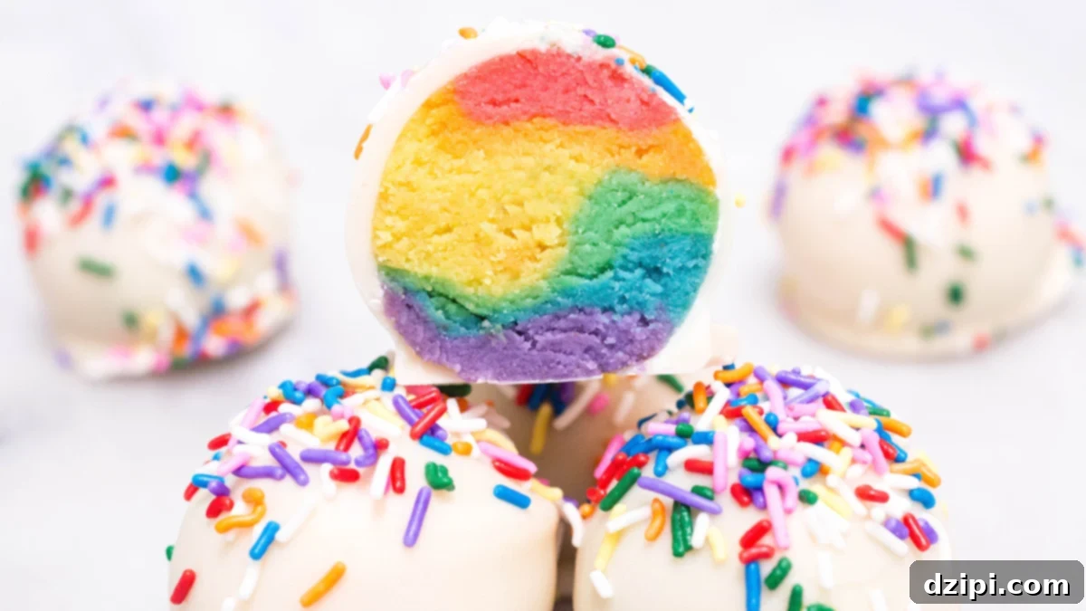 Whimsical Rainbow Cake Truffles 2 Three vibrant Rainbow Cake Truffles stacked, one cut open revealing the festive multi-colored cake interior.