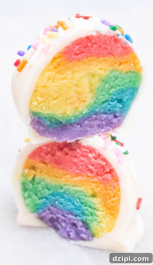Whimsical Rainbow Cake Truffles 3 A perfectly sliced Rainbow Cake Truffle displaying its colorful layers, stacked beautifully.