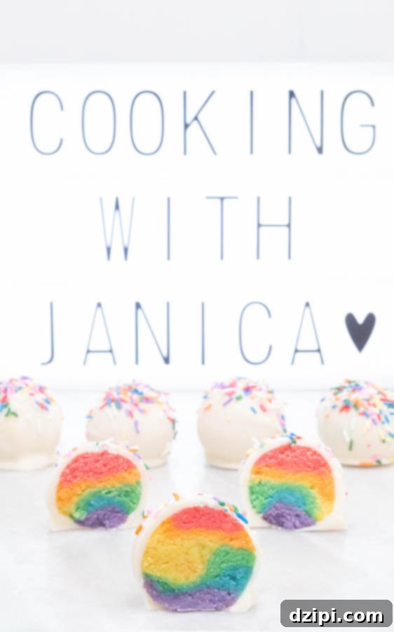 Whimsical Rainbow Cake Truffles 5 Seven beautiful Rainbow Cake Truffles arranged in front of a decorative sign that reads "Cooking with Janica".