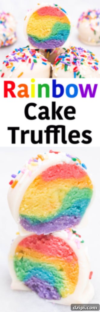Whimsical Rainbow Cake Truffles 7 Rainbow Cake Truffles displayed on a white plate.